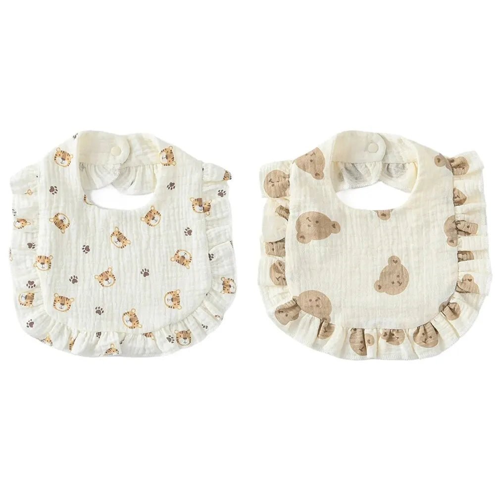 Deux bavoirs bébé en coton avec volants, motifs animaux ourson et tigre, tissu doux et absorbant avec fermeture bouton pression pour nourrisson