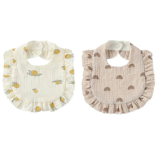Deux bavoirs bébé en coton avec volants, motifs citron et arc-en-ciel, tissu doux et absorbant avec fermeture bouton pression pour nourrisson
