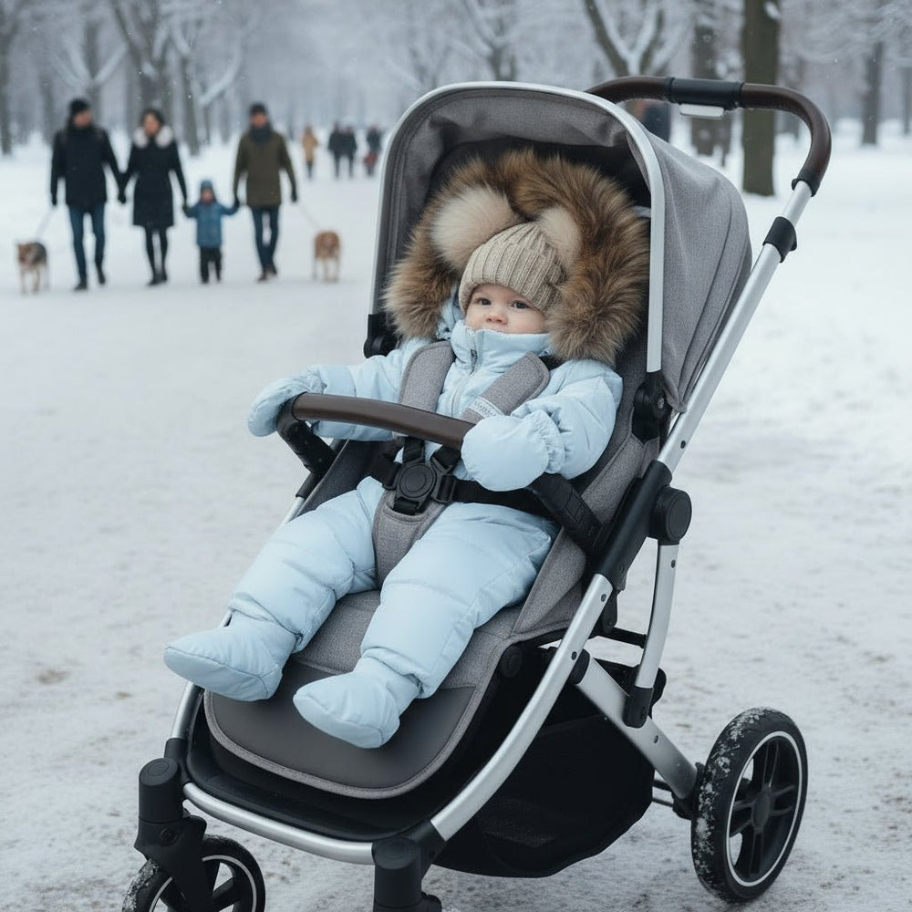 Bébé confortablement installé dans une poussette d’hiver Kalinatur™, vêtement chaud et chancelière en balade dans la neige.