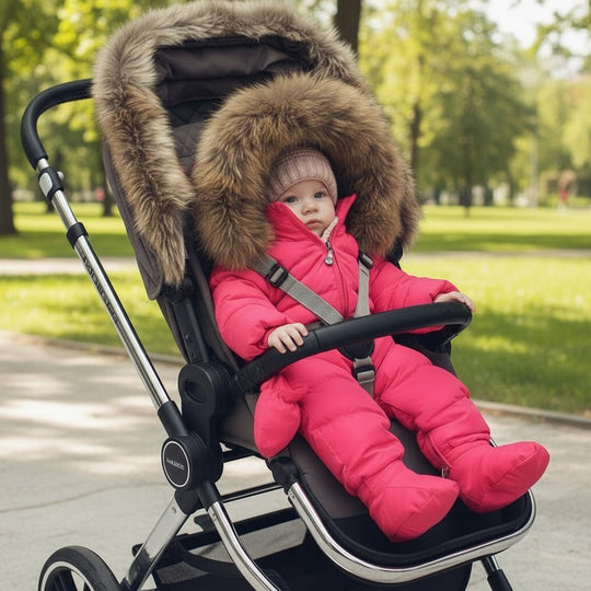 Bébé confortablement installé dans une poussette d’hiver Kalinatur™, vêtement chaud et chancelière en balade dans la neige.