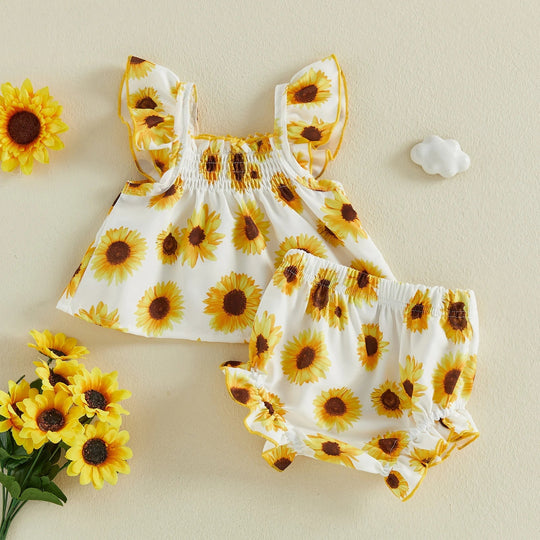 Ensemble Bébé Fille Été – Tenue Fleurie avec Volants et Bandeau Kalinatur