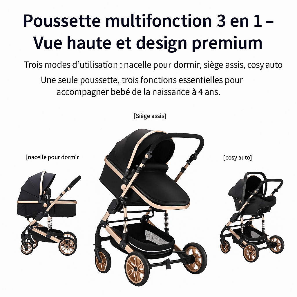 Poussette Bébé 3 en 1 Kalinatur™ – Légère, Pliable et Confortable dès la Naissance