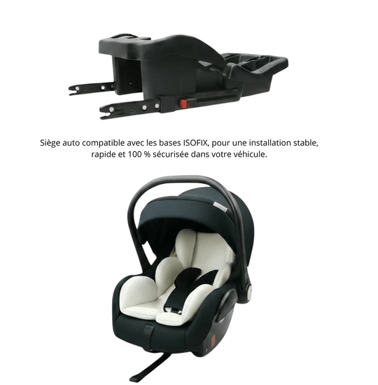 Siège auto bébé Kalinatur compatible ISOFIX avec base de fixation, coque noire et inserts confort, vue studio fond blanc.