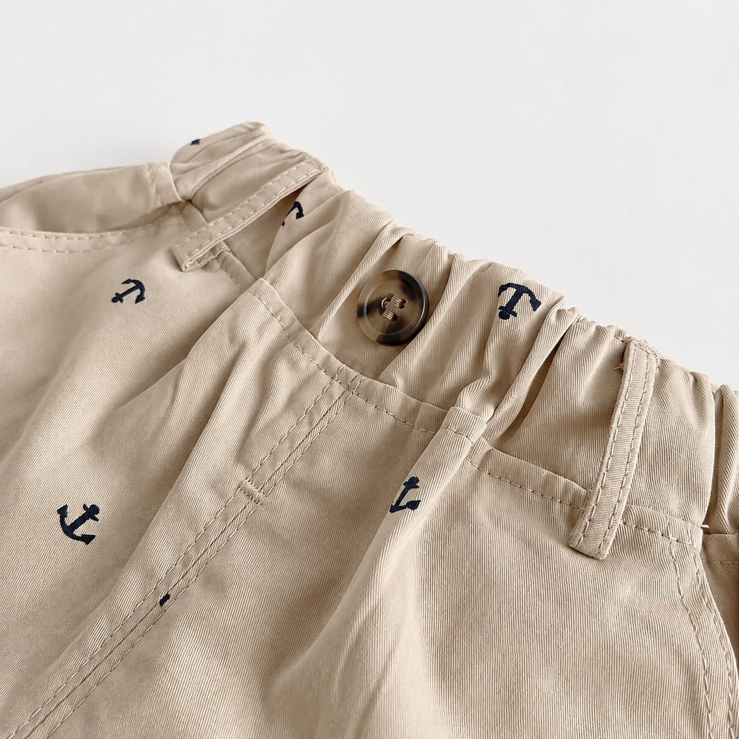 Short bébé garçon beige motif marin avec ancres brodées, taille élastique confortable, vêtement d&