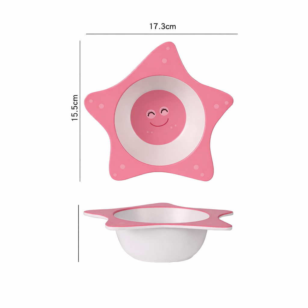 Bol bébé rose en forme d’étoile avec visage souriant au centre, design ludique pour les repas des enfants

