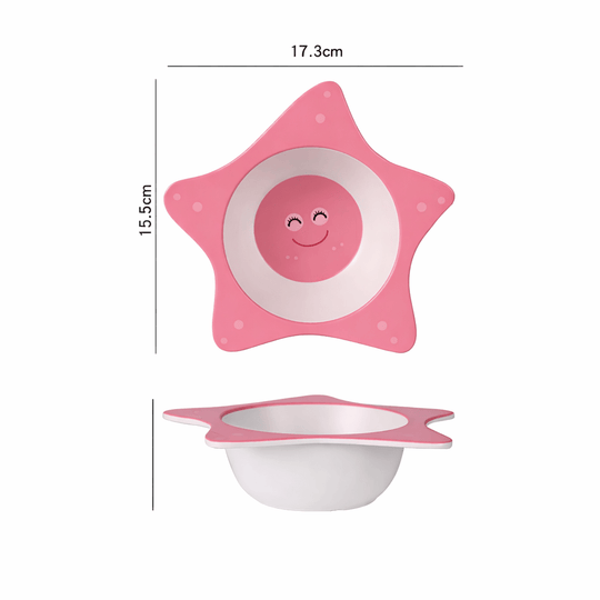 Bol bébé rose en forme d’étoile avec visage souriant au centre, design ludique pour les repas des enfants
