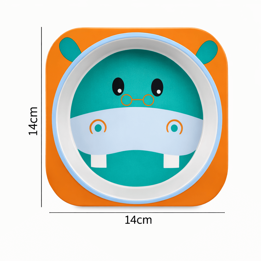 Assiette bébé carrée antidérapante avec motif hippopotame coloré, dimension 14 cm, idéale pour les repas des enfants
