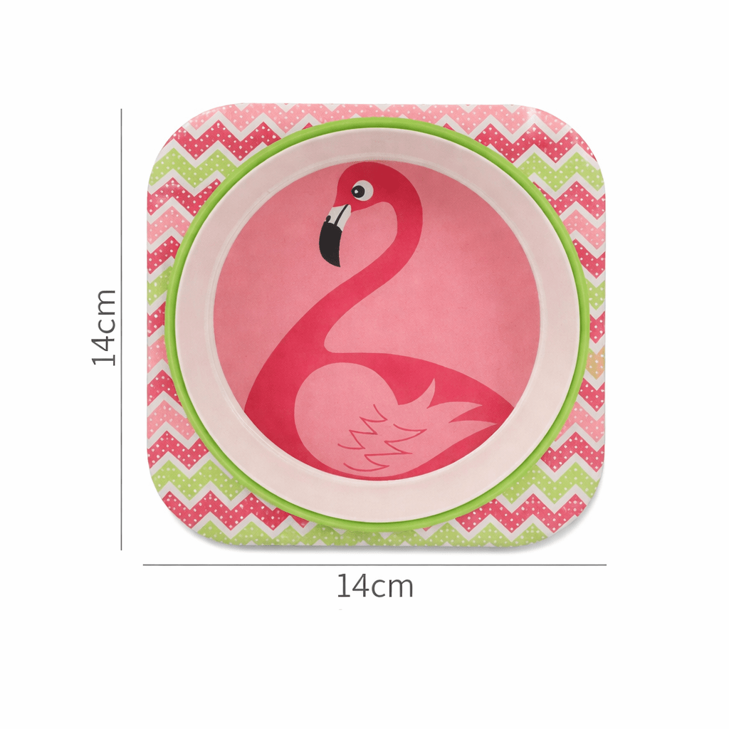 Assiette pour bébé en bambou avec motif flamant rose, forme carrée avec bords arrondis et design coloré, dimensions 14 cm x 14 cm, idéale pour les repas des enfants.
