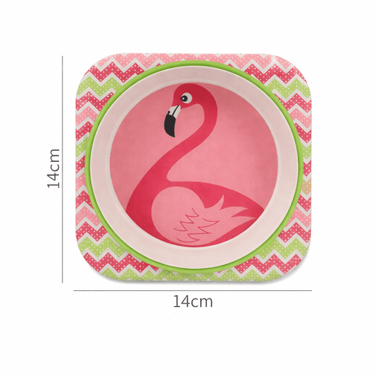 Assiette pour bébé en bambou avec motif flamant rose, forme carrée avec bords arrondis et design coloré, dimensions 14 cm x 14 cm, idéale pour les repas des enfants.
