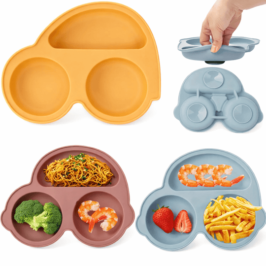 Assiette bébé en silicone avec compartiments en forme de voiture et ventouse antidérapante pour séparer les aliments pendant les repas des enfants

