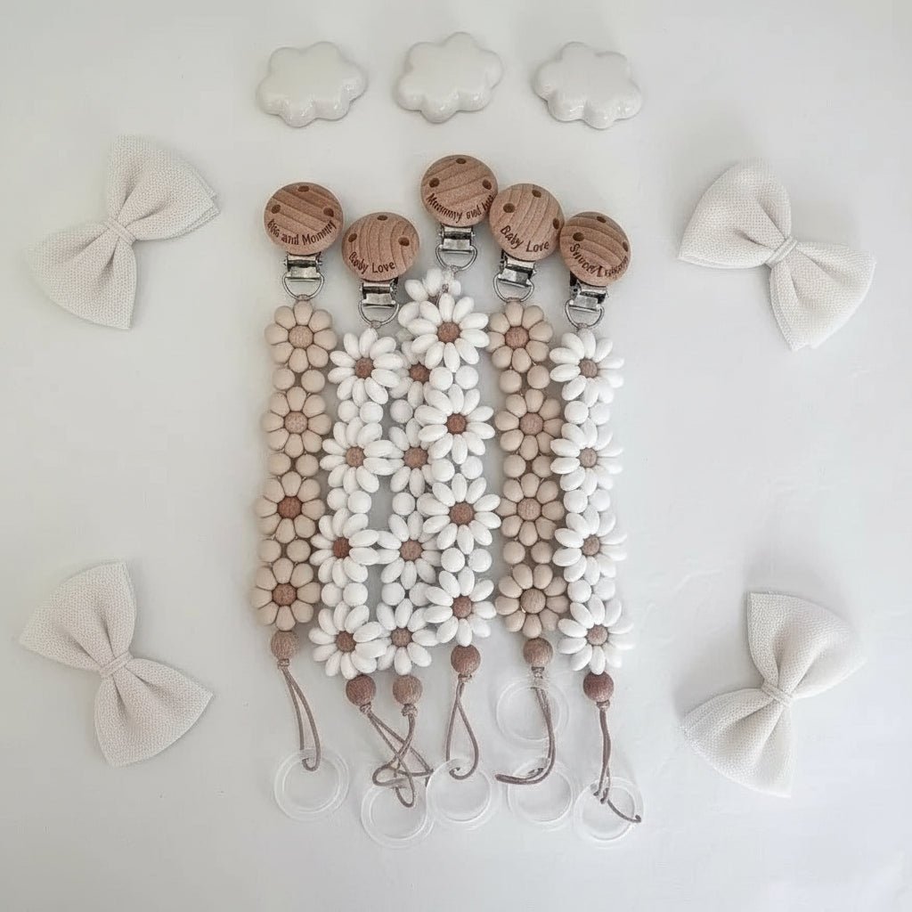 Attache-tétine fleur silicone Kalinatur™ – Douceur, sécurité & style bébé