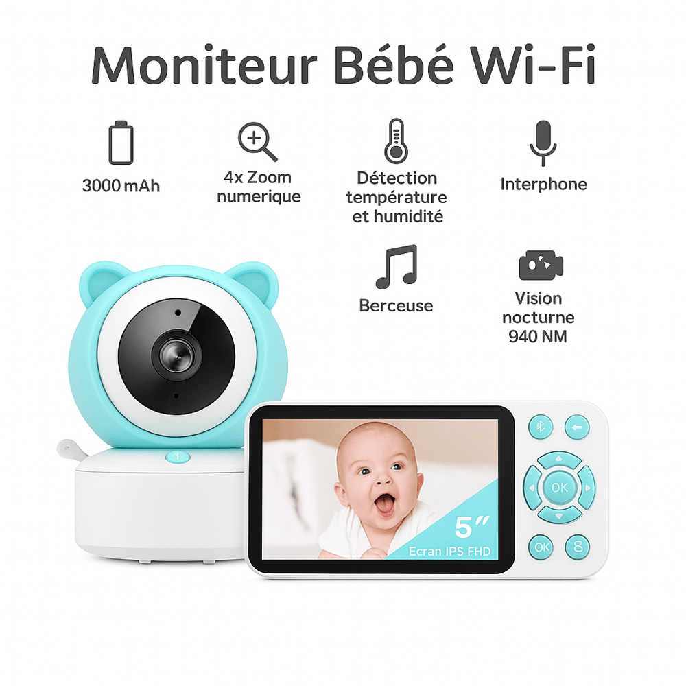 Babyphone Caméra  WiFi 1080P Intelligente – Vision Nocturne, Détection des Pleurs & Température
