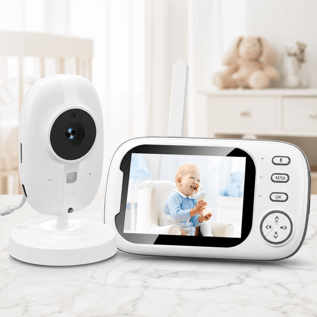 Babyphone vidéo HD avec caméra blanche et écran LCD couleur de 3,5 pouces affichant un bébé. Vision nocturne, audio bidirectionnel, détection de mouvement, surveillance de la température et portée jusqu'à 300 mètres.