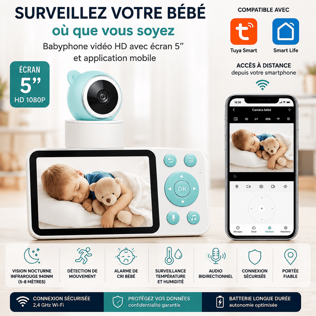 Babyphone vidéo HD avec caméra pour bébé, écran couleur 5 pouces et application mobile Smart Life et Tuya Smart. Vision nocturne infrarouge, détection de mouvement, alarme de pleurs, surveillance de la température et de l'humidité, audio bidirectionnel et accès à distance depuis un smartphone.