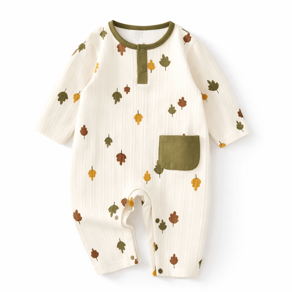 Barboteuse bébé en coton doux avec motifs feuilles, manches longues et boutons pression, vêtement confortable pour nourrisson 3-18 mois.