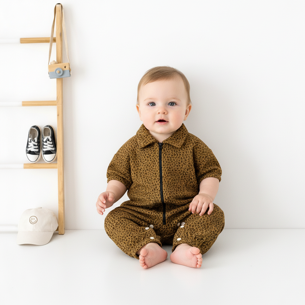Barboteuse bébé marron motif léopard avec fermeture zippée et col chemise, combinaison confortable pour nourrisson suspendue sur cintre en bois.