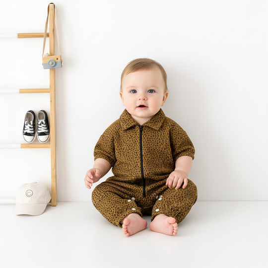 Barboteuse bébé marron motif léopard avec fermeture zippée et col chemise, combinaison confortable pour nourrisson suspendue sur cintre en bois.