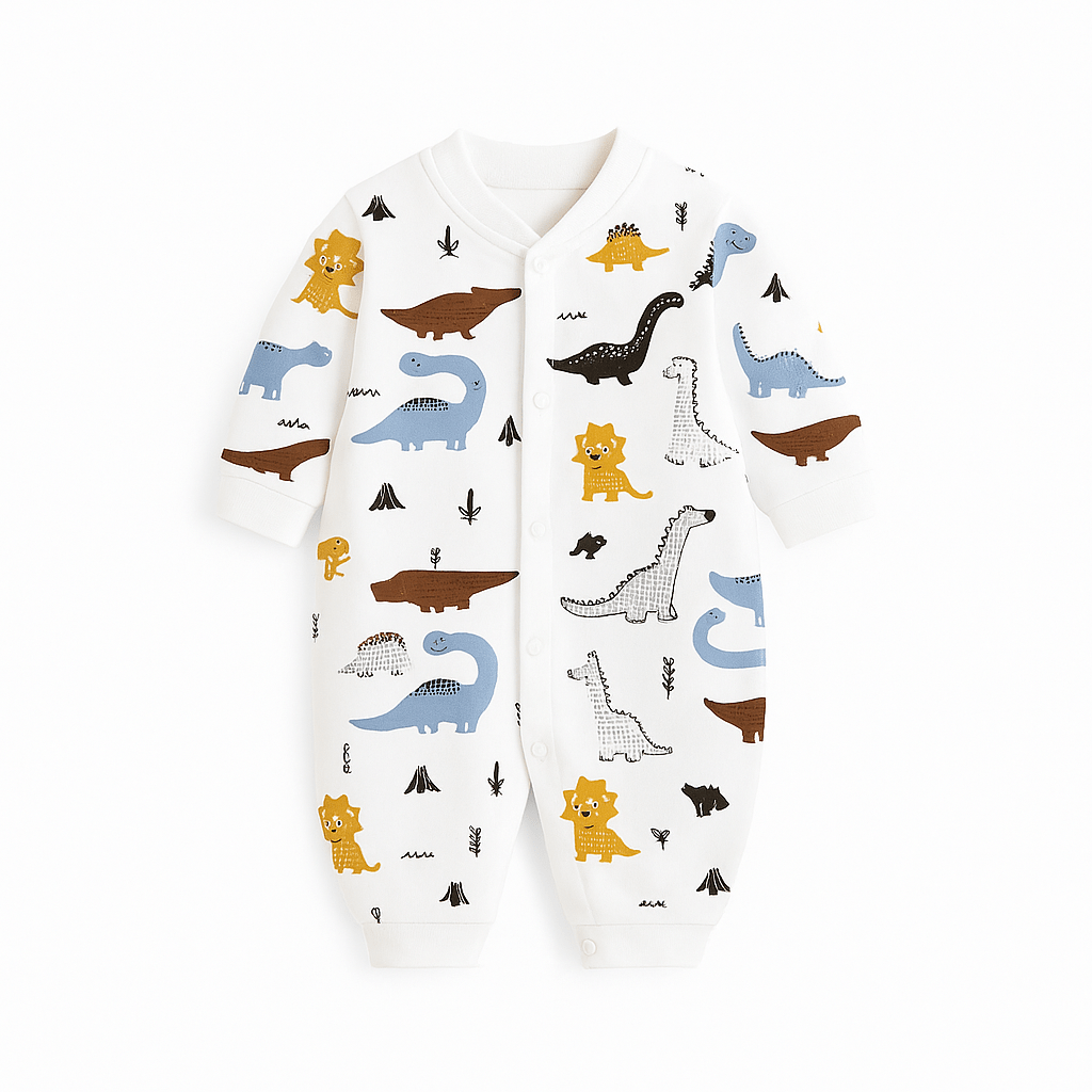 Combinaison bébé blanche avec imprimés dinosaures jaunes, bleus, marron et verts, détails de petits arbres et plantes, look ludique et amusant.