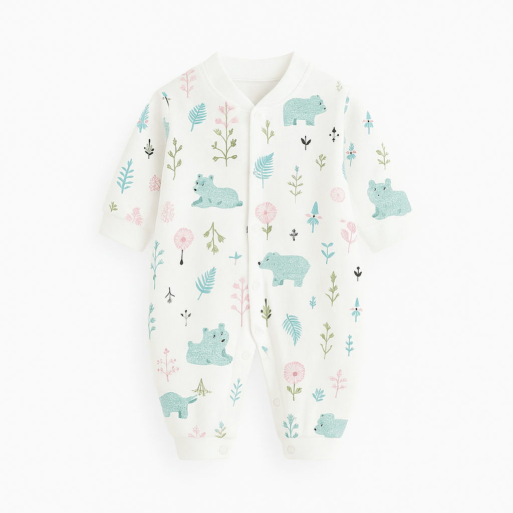 Combinaison bébé blanche ornée de motifs ours verts et plantes délicates, feuillages pastel, ambiance nature douce et minimaliste.