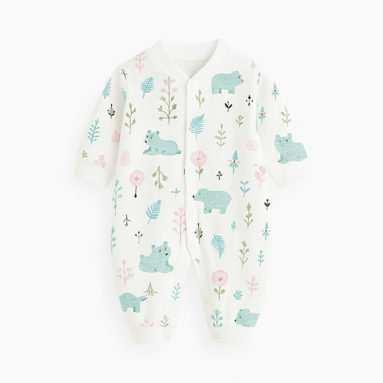 Combinaison bébé blanche ornée de motifs ours verts et plantes délicates, feuillages pastel, ambiance nature douce et minimaliste.