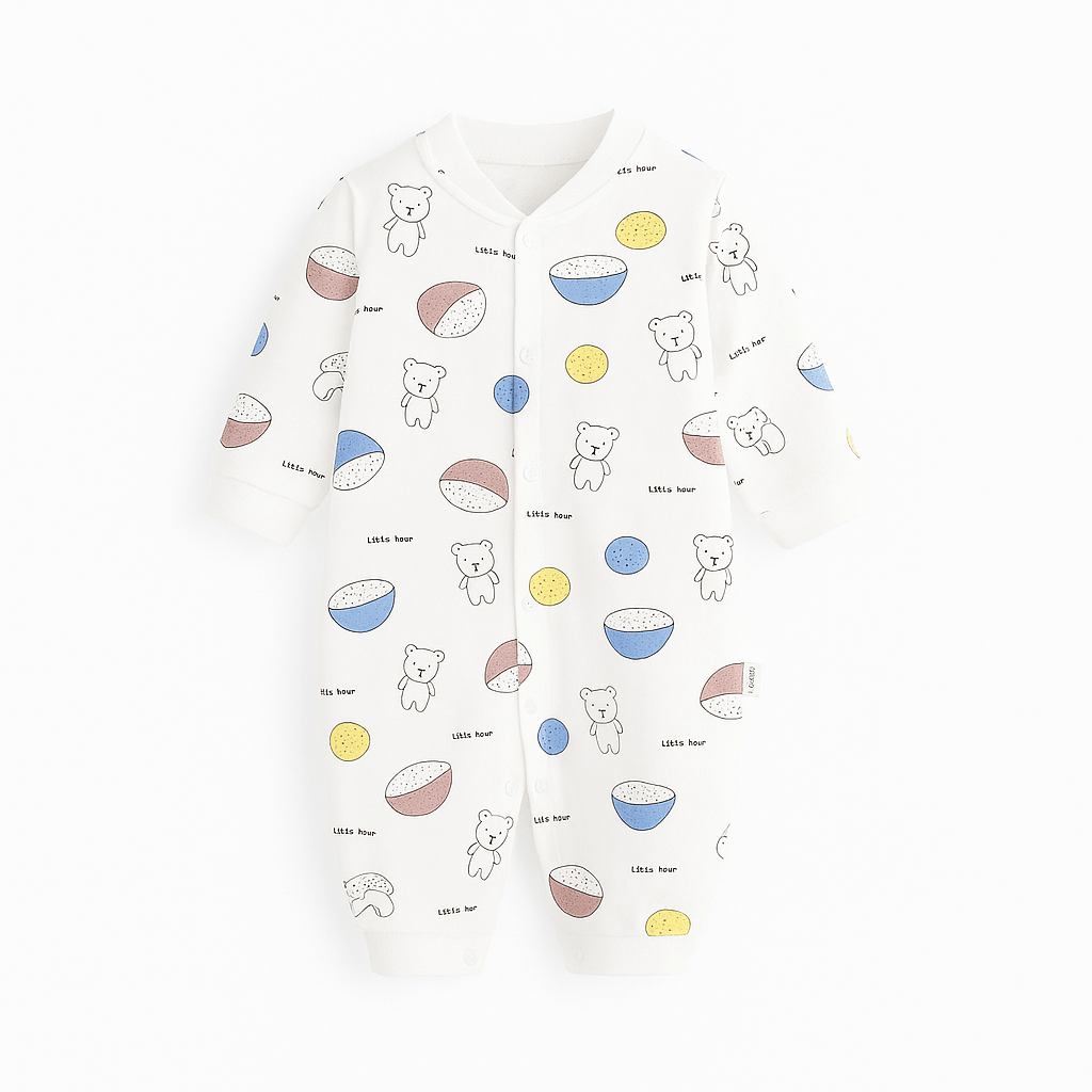 Combinaison bébé blanche ornée de petits oursons et bols colorés bleu, jaune et marron, ambiance douce et enfantine.