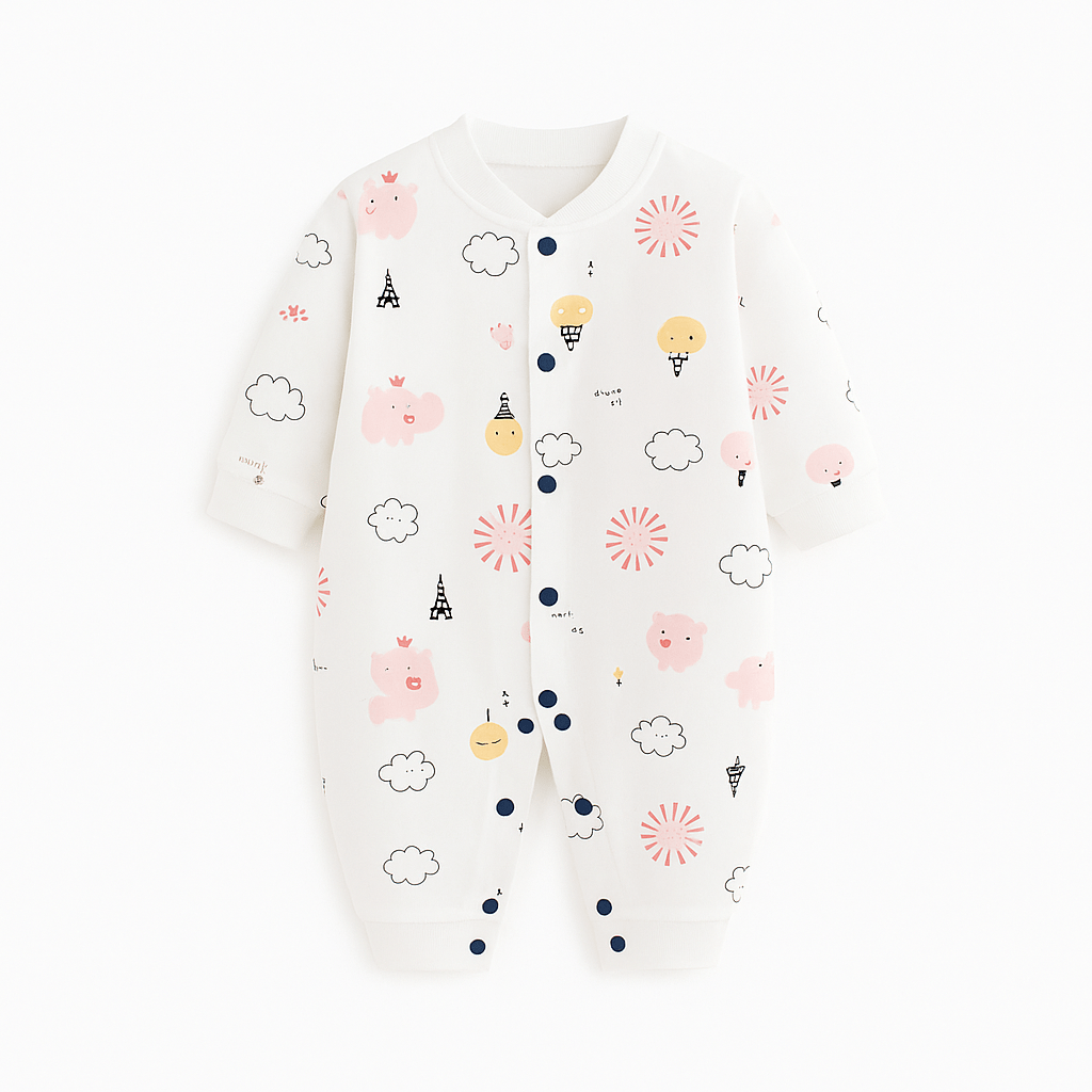 Combinaison bébé motif ampoules ,nuages Paris Elephant Rose – tenue douce, confortable et chaude pour nouveau-né