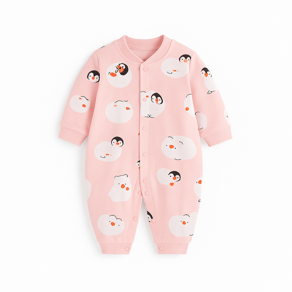 Combinaison bébé rose pâle décorée de pingouins stylisés et petits pois orange, look amusant et lumineux.