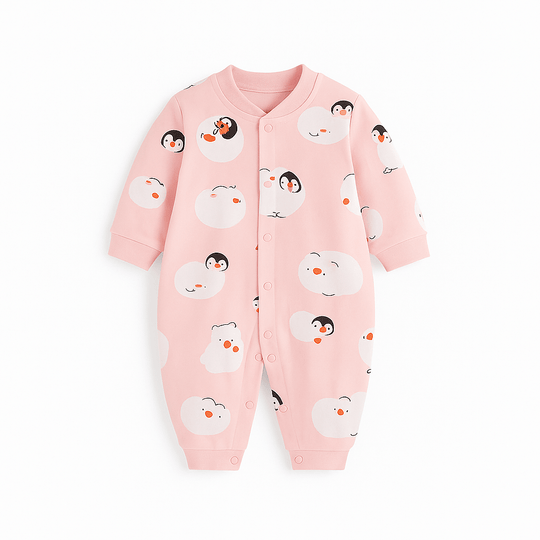 Combinaison bébé rose pâle décorée de pingouins stylisés et petits pois orange, look amusant et lumineux.