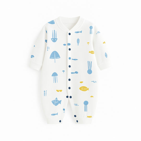 Combinaison bébé beige avec petits motifs, style élégant et minimaliste.