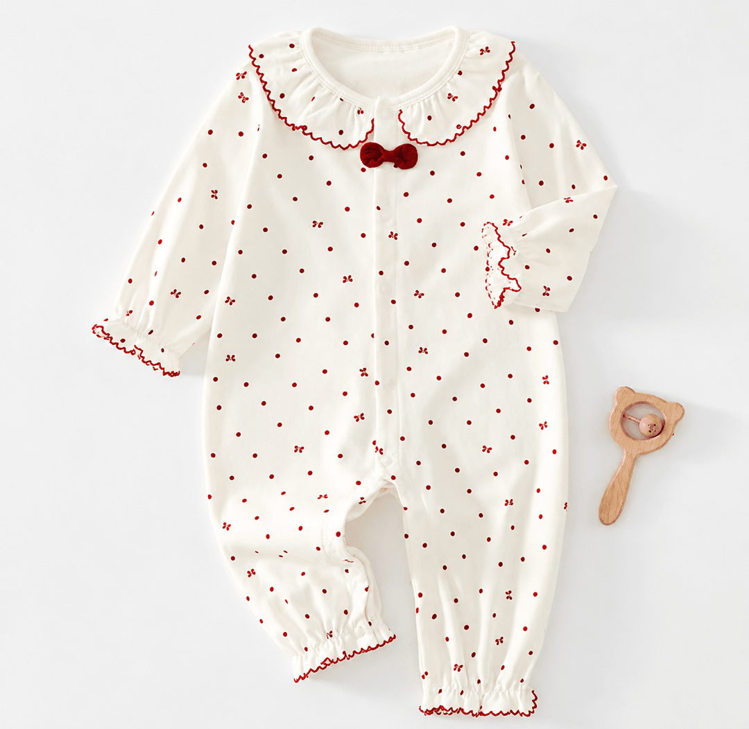 Barboteuse bébé fille blanche en coton doux à motif pois rouges 