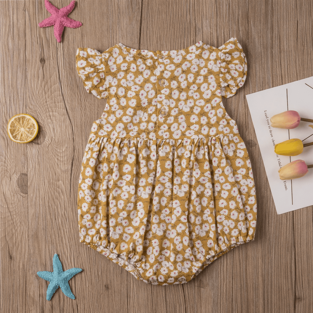 Barboteuse bébé fille jaune à motif floral avec manches à volants, combinaison en coton pour enfant de 0 à 24 mois.