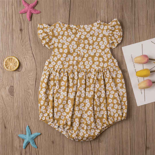 Barboteuse bébé fille jaune à motif floral avec manches à volants, combinaison en coton pour enfant de 0 à 24 mois.