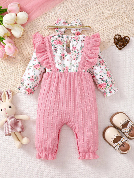 Barboteuse rose pour bebe avec haut imprime fleurs, bretelles a volants et bandeau assorti, tenue elegante et confortable KaliNatur.