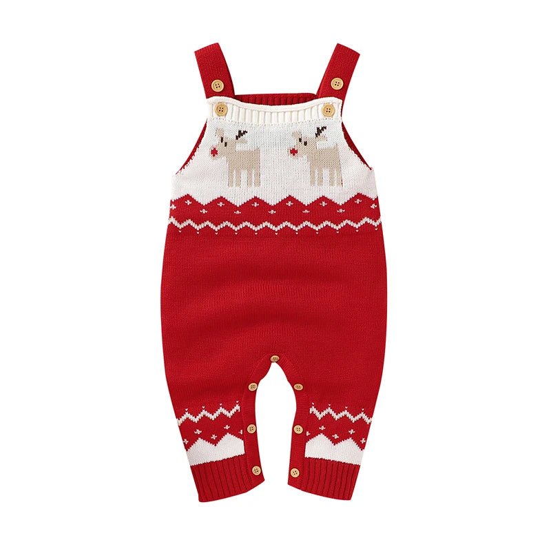 Barboteuse de Noel rouge et blanche en tricot doux pour bebe avec motifs rennes et boutons dores, tenue chaude et festive KaliNatur.
