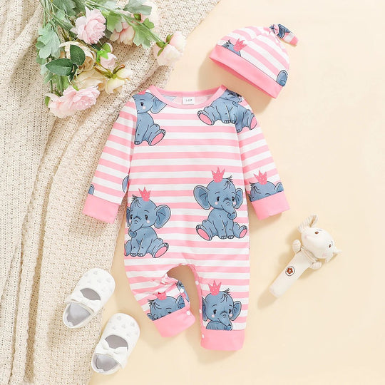 Pyjama bébé Kalinatur rose à rayures blanches avec motifs éléphant couronné et bonnet assorti, en coton doux et respirant pour le confort des tout-petits