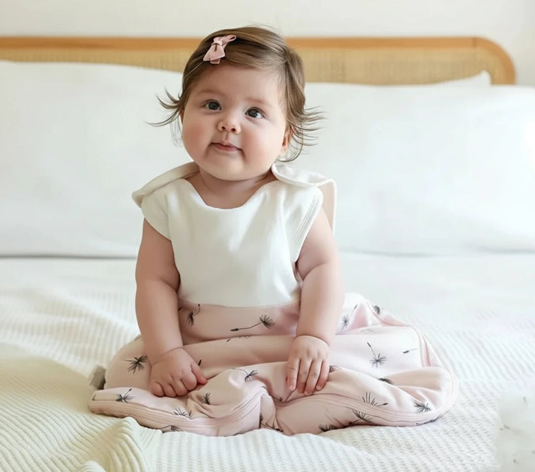 Bébé assis sur un lit portant une gigoteuse beige à motifs pissenlits en coton, collection Kalinatur
