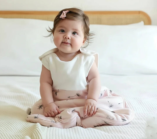 Bébé assis sur un lit portant une gigoteuse beige à motifs pissenlits en coton, collection Kalinatur
