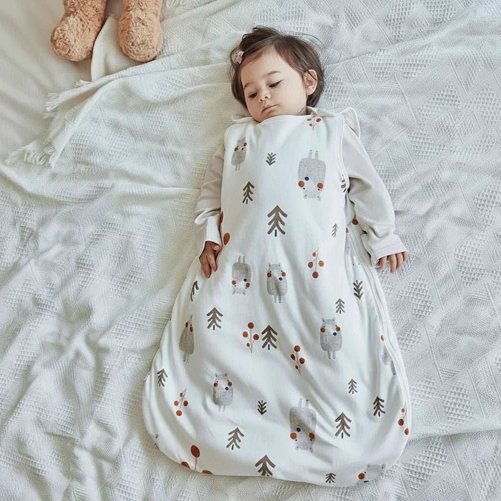Bébé endormi portant une gigoteuse blanche en coton à motifs d’animaux et de forêt, confortable et respirante – Kalinatur.
