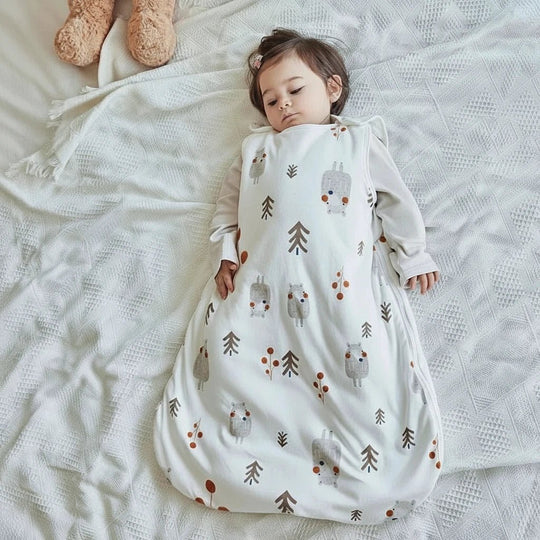 Bébé endormi portant une gigoteuse blanche en coton à motifs d’animaux et de forêt, confortable et respirante – Kalinatur.
