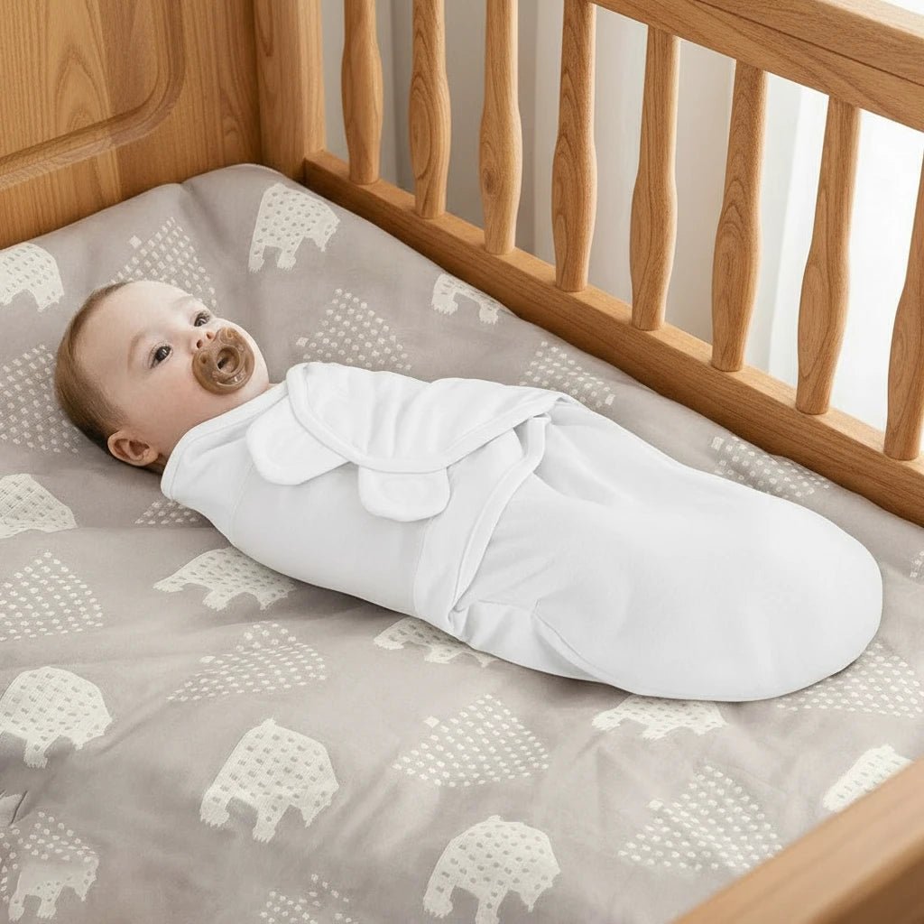 Bébé allongé dans un berceau portant une gigoteuse d’emmaillotage blanche en coton, douce et sécurisée – Kalinatur.