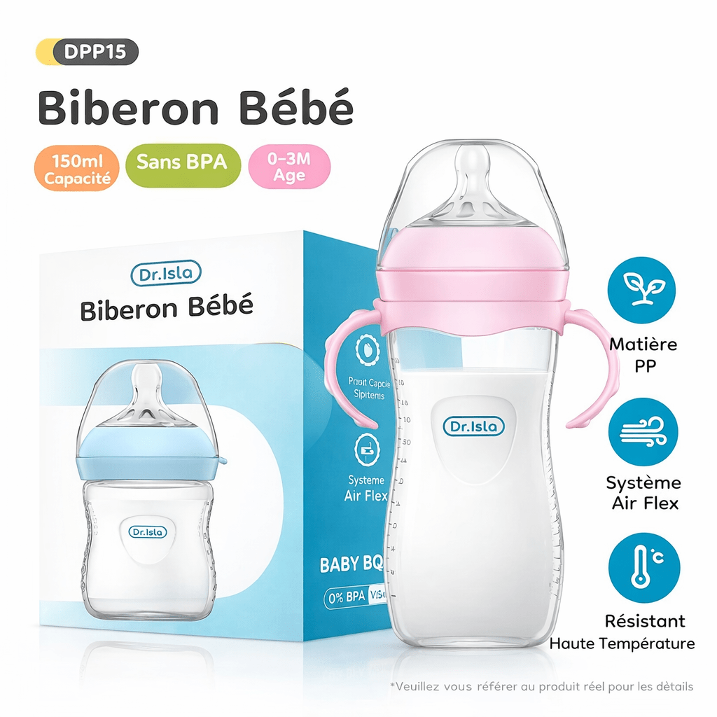 Biberon bébé 150 ml avec poignées en silicone sans BPA, système anti-colique Air Flex, adapté aux nourrissons de 0 à 3 mois
