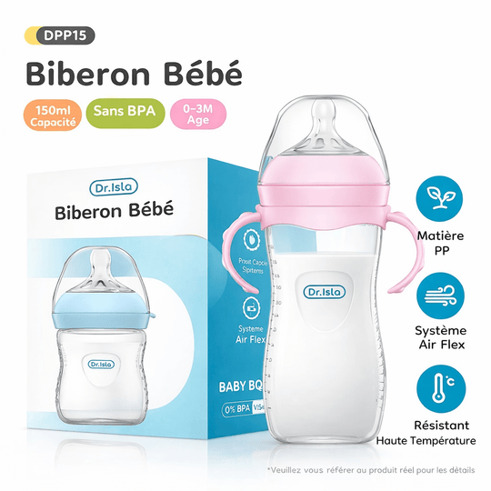 Biberon bébé 150 ml avec poignées en silicone sans BPA, système anti-colique Air Flex, adapté aux nourrissons de 0 à 3 mois
