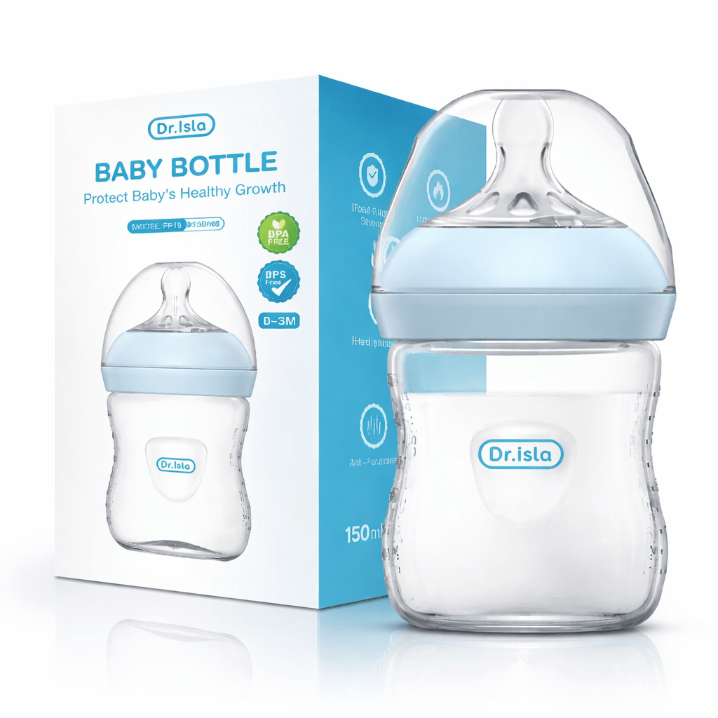 Biberon bébé Dr. Isla 150 ml sans BPA, anti-colique et silicone doux. Débit naturel 0-3 mois pour une alimentation confortable et sécurisée dès la naissance.
