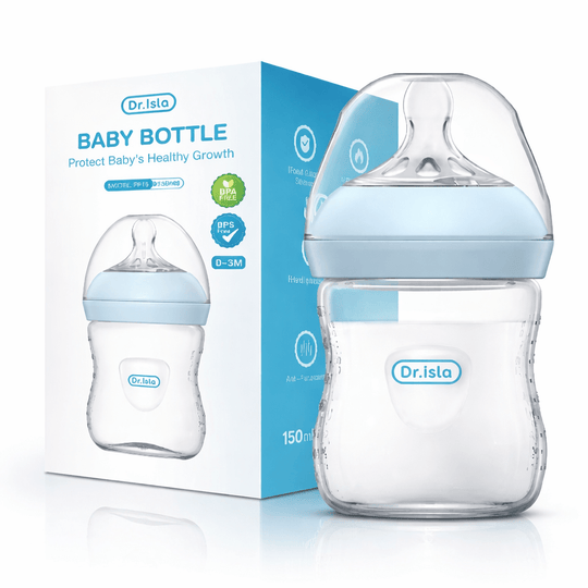 Biberon bébé Dr. Isla 150 ml sans BPA, anti-colique et silicone doux. Débit naturel 0-3 mois pour une alimentation confortable et sécurisée dès la naissance.