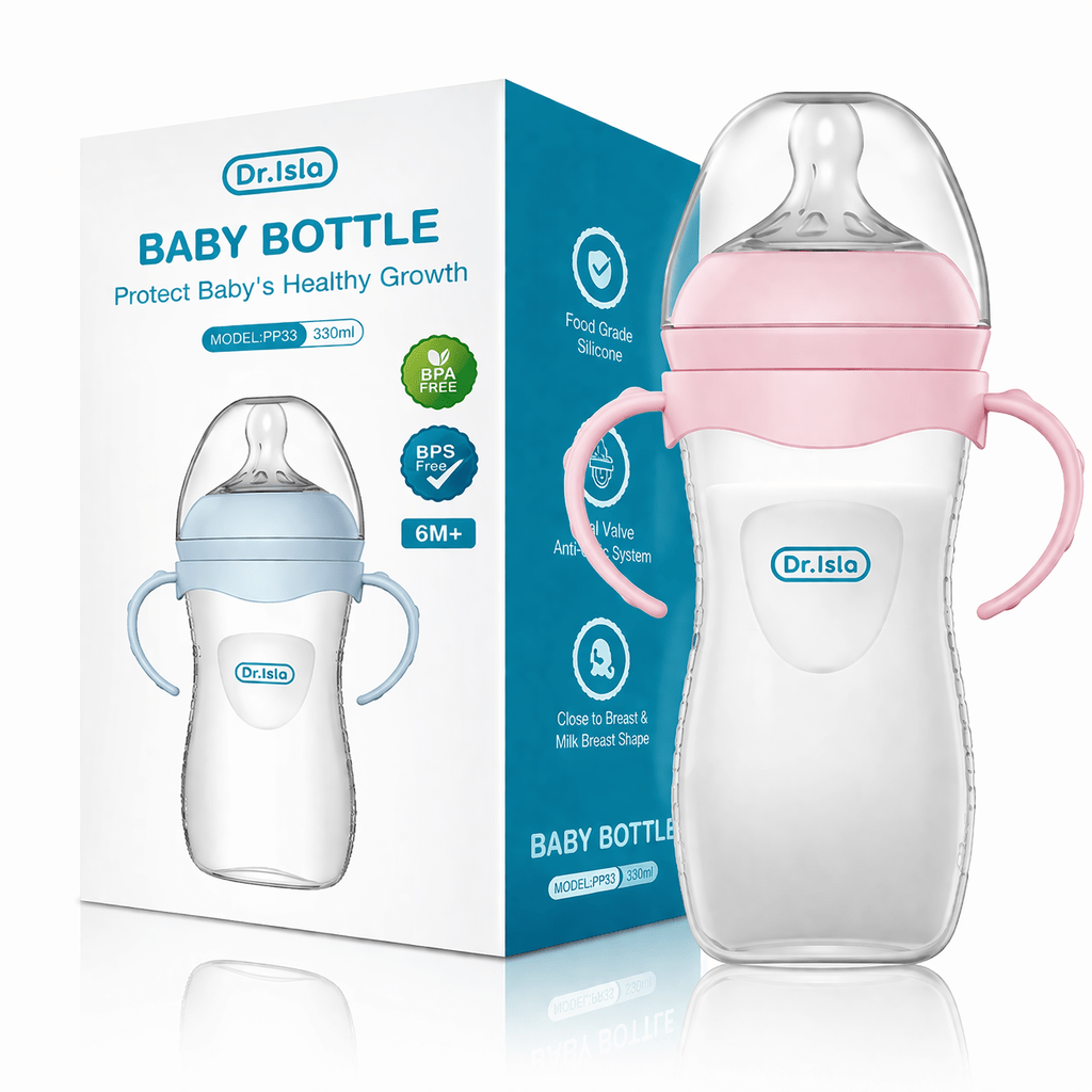 Biberon bébé 330 ml rose avec poignées ergonomiques en silicone sans BPA, anti-colique, adapté aux bébés dès 6 mois