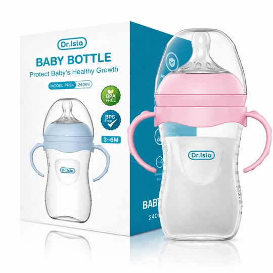 Biberon bébé rose 240 ml avec poignées en silicone sans BPA, anti-colique Dr. Isla, adapté aux bébés de 3 à 6 mois
