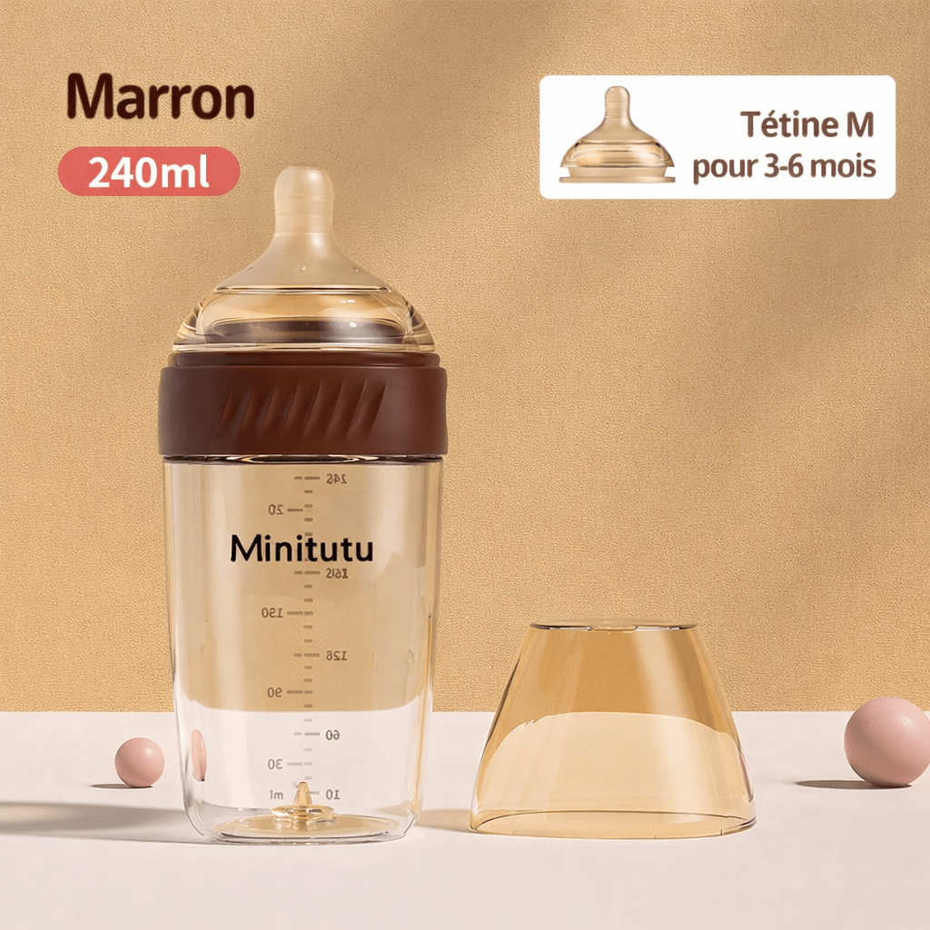 Biberon bébé 240 ml couleur marron avec tétine silicone taille M adaptée aux nourrissons de 3 à 6 mois