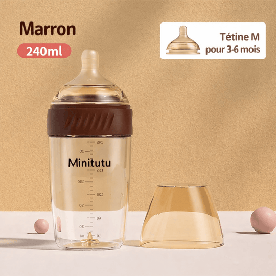 Biberon bébé 240 ml couleur marron avec tétine silicone taille M adaptée aux nourrissons de 3 à 6 mois