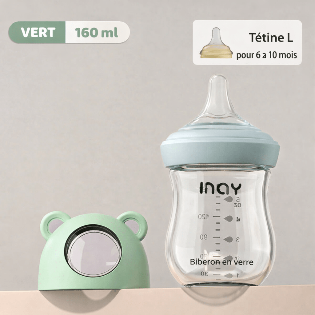Biberon bébé 160 ml couleur verte en verre avec tétine silicone taille L adapté aux nourrissons de 6 à 10 mois