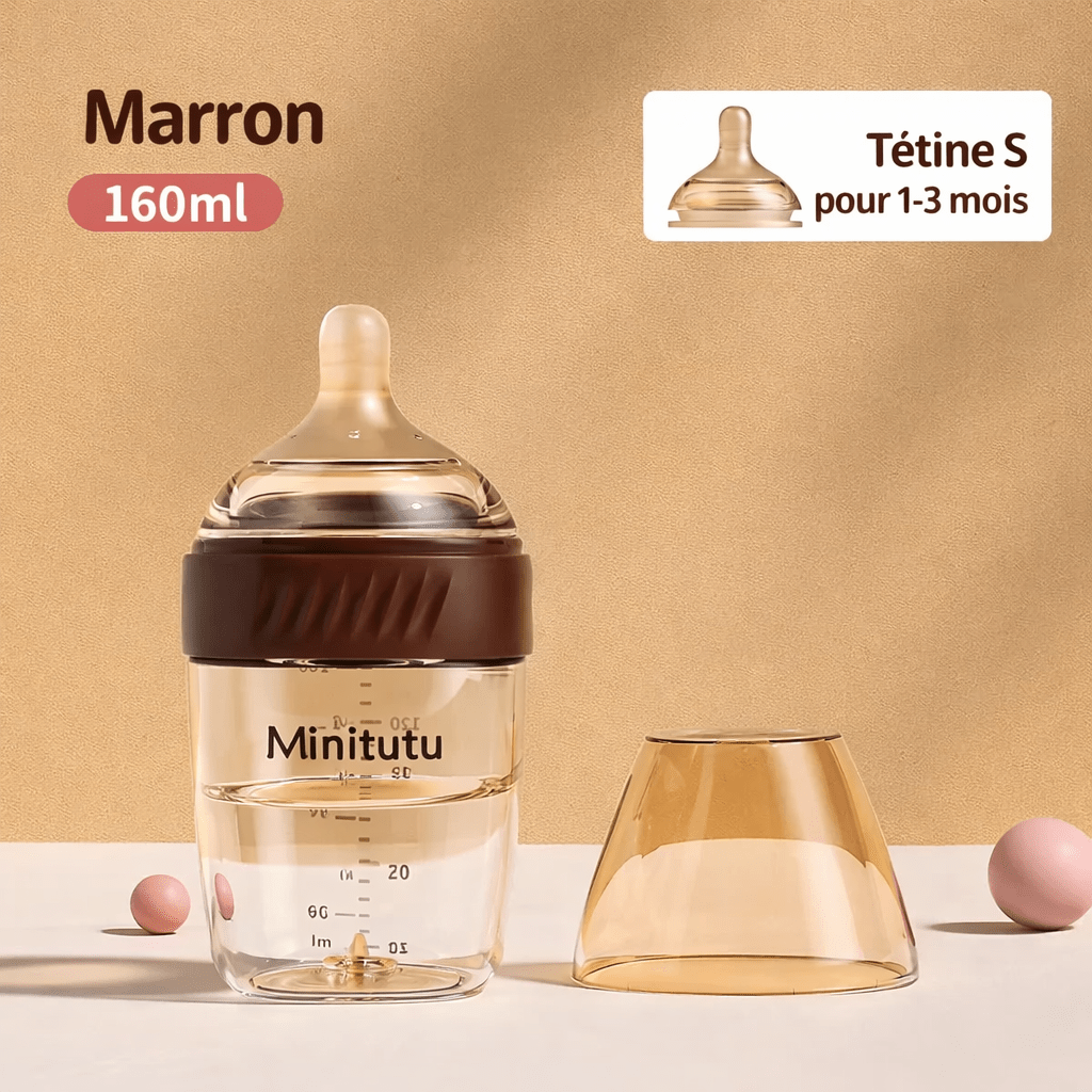Biberon bébé 160ml couleur marron avec tétine silicone taille S adaptée aux nourrissons de 1 à 3 mois